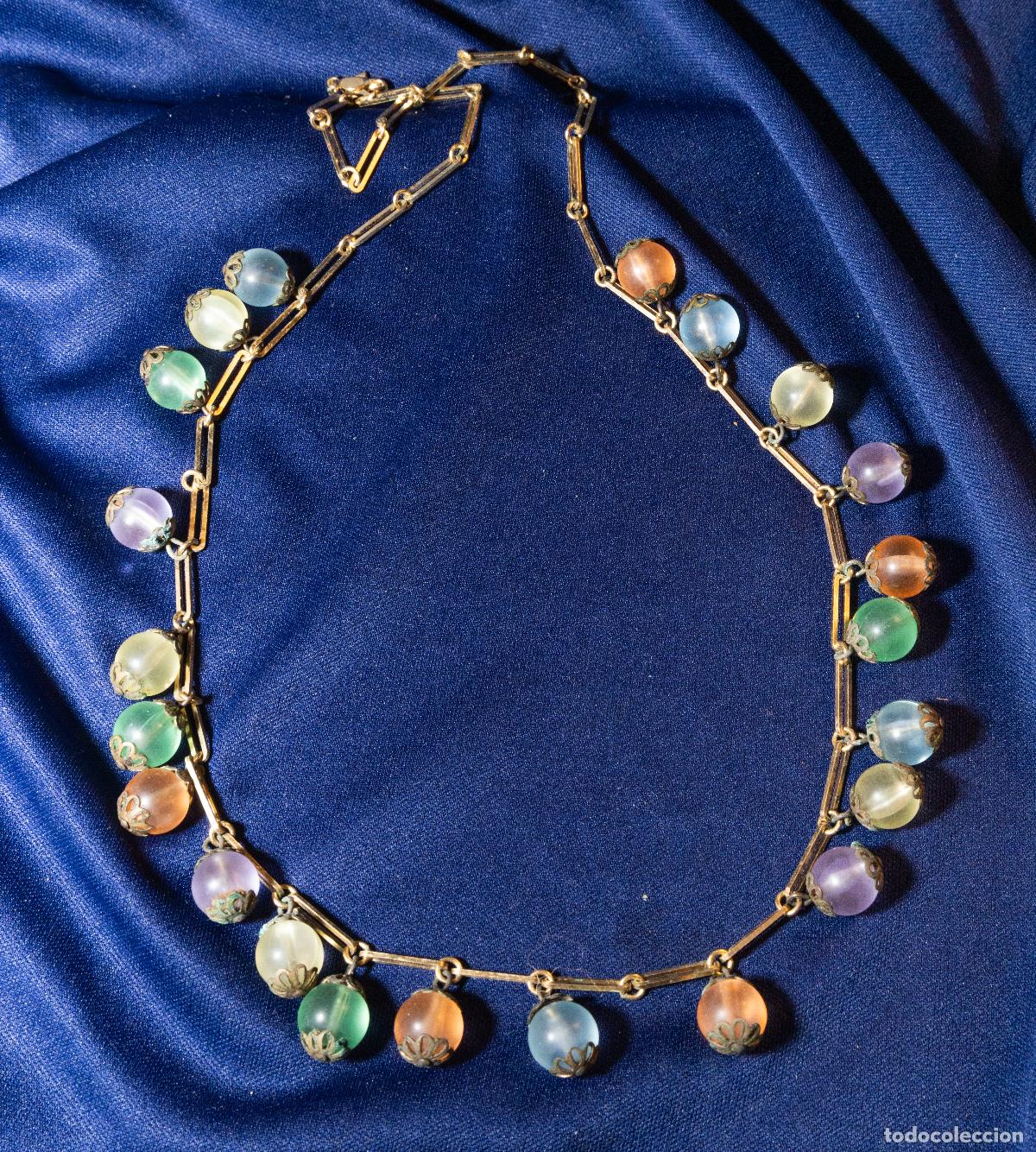 Jewelry: Collar vintage chapado en oro con cuentas multicolor de cristal esmerilado, estilo retro a&ntilde;os 60-70