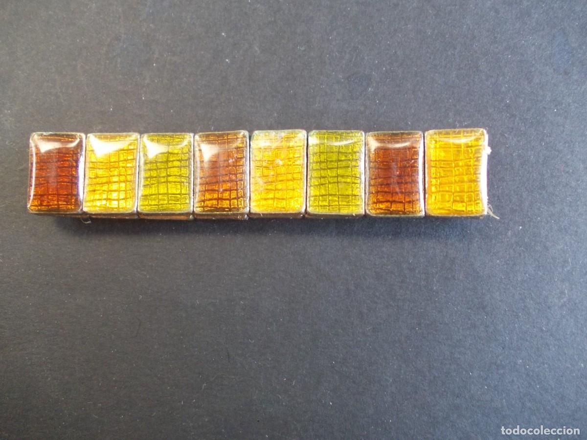 Joyeria: Antigua Pulsera Vintage Tablillas Esmaltadas Degradado Verde miel y Ocre Guilloch&eacute; A&ntilde;os 60/70