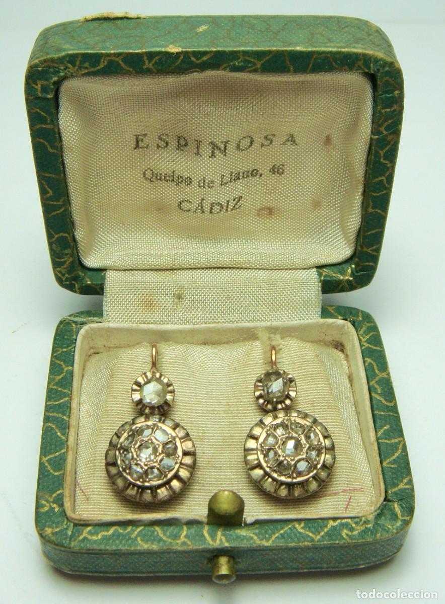 Joyeria: Pendientes antiguos en oro 18K con diamantes talla rosa &bull; dise&ntilde;o roseta &bull; ca. 1880&ndash;1900