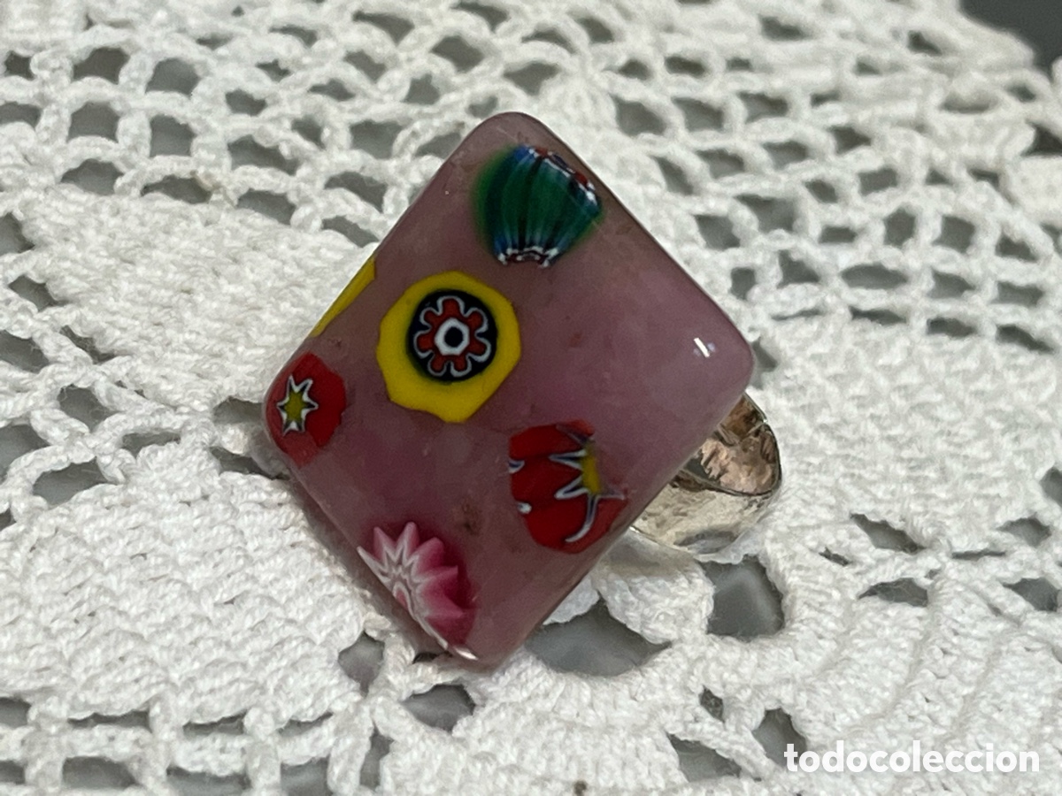 Joyeria: ANILLO PLATA LEY 925 GRAN CRISTAL DE MURANO MILLEFIORI SORTIJA VINTAGE AJUSTABLE VISTOSO -SIN USO