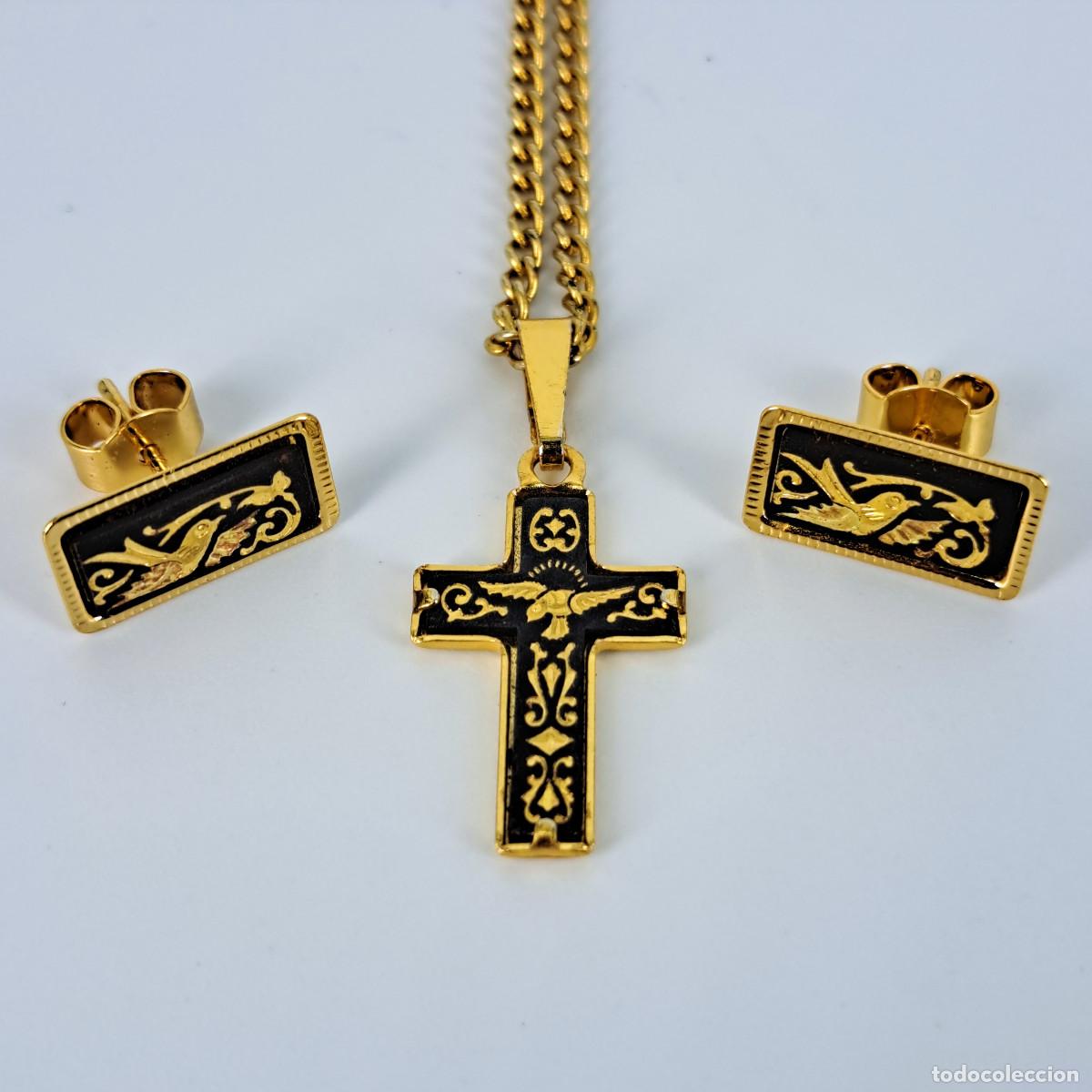 Joyeria: Conjunto cruz, cadena y pendientes - Damasquinado de Toledo