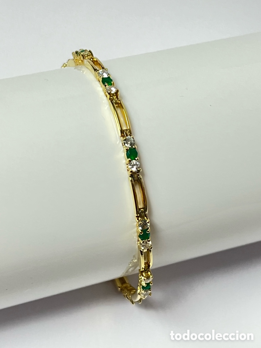 Joyeria: Pulsera fina de plata con ba&ntilde;o de oro 14k con piedra tipo esmeralda colombiana /PUL104
