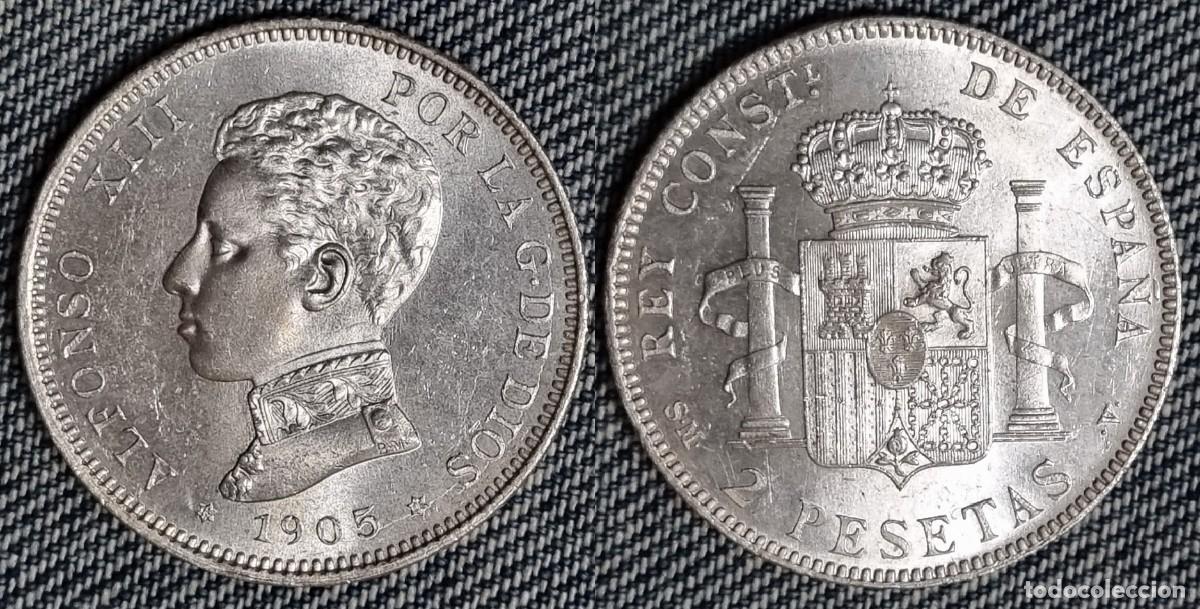 Joyeria: 2 pesetas Plata de Alfonso XIII a&ntilde;o 1905*1905. Peso actual 9,97 gr. SIN CIRCULAR BRILLO ORIGINAL.
