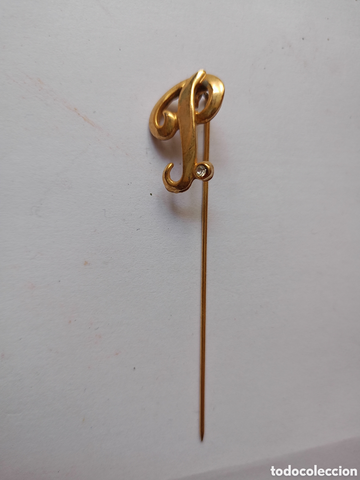 Jewelry: Antigua broche alfiler letra inicial P chapado oro vintage a&ntilde;os 80 sin tap&oacute;n