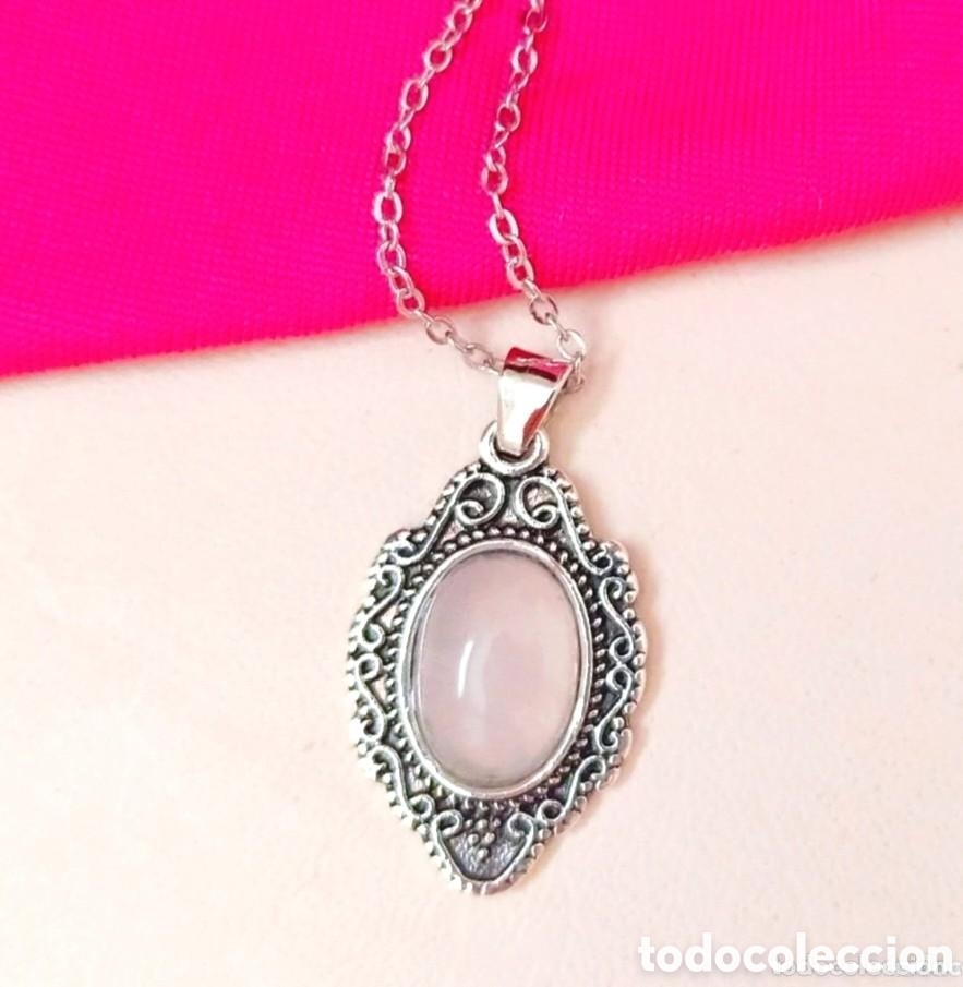 Joyeria: Original 2 piezas colgante oval rosa transparente y plateado+cadena 2,8cm largo. Muy bonito