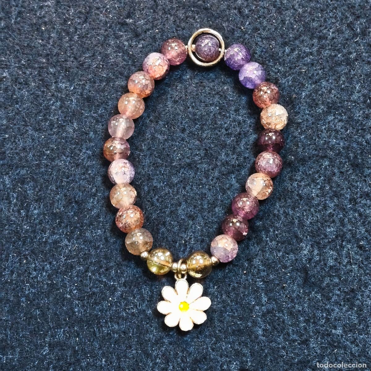 Gioielleria: PULSERA AGATAS NATURALES BOLAS VIOLETAS Y DIGET FLOR ALPACA ESMALTADA. ALPACA DORADA