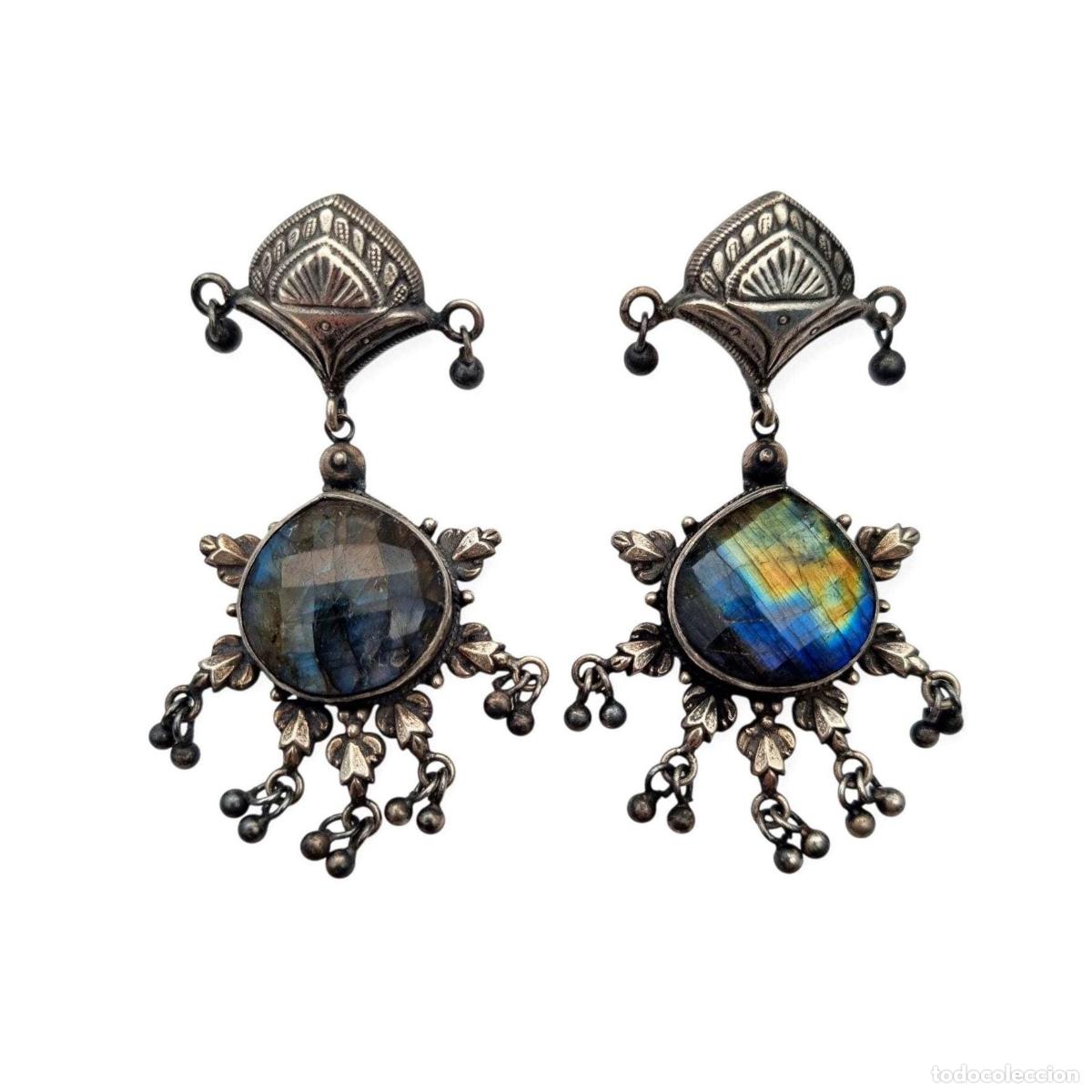 Joalharia: Pendientes &eacute;tnicos de plata 925 con labradorita de estilo boho, circa 1980-90