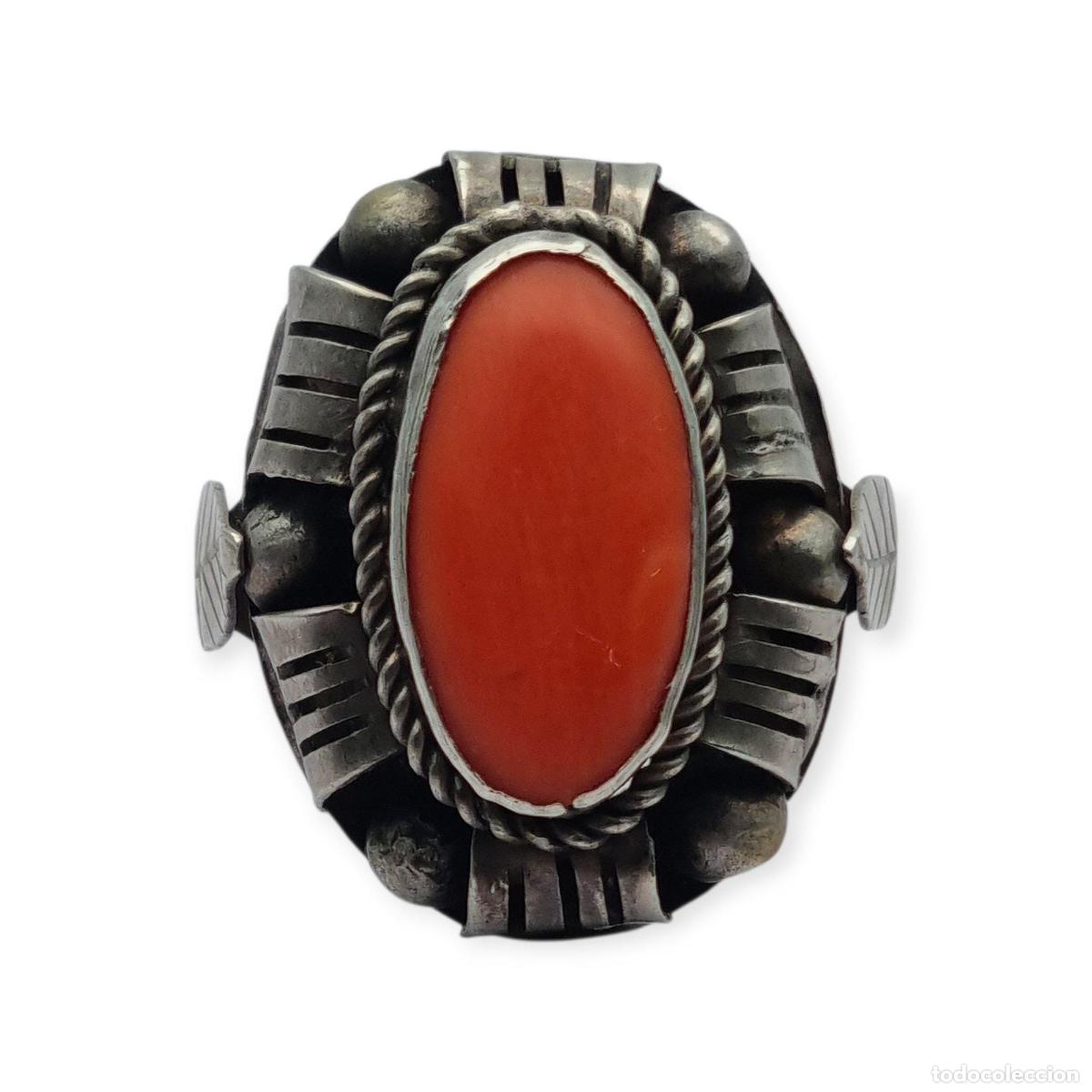 Joyeria: Anillo estilo Art D&eacute;co en plata 800 con coral oval, a&ntilde;os 50-60, talla 13 Espa&ntilde;a