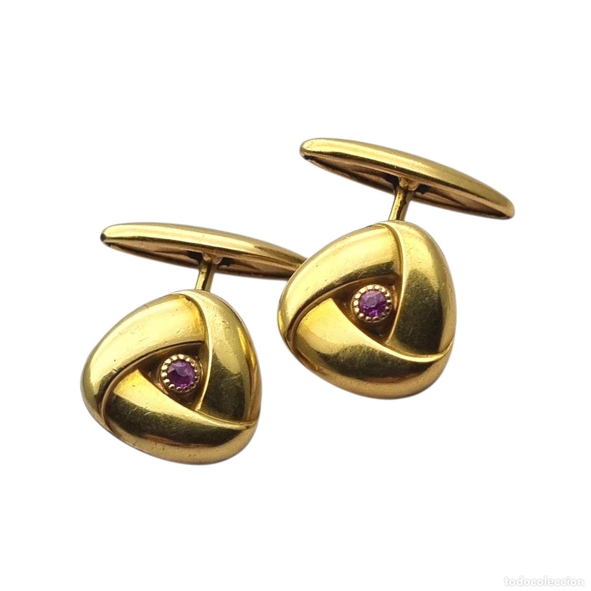 Joyeria: Gemelos Art D&eacute;co Fix oro laminado piedra ros, Francia circa 1940