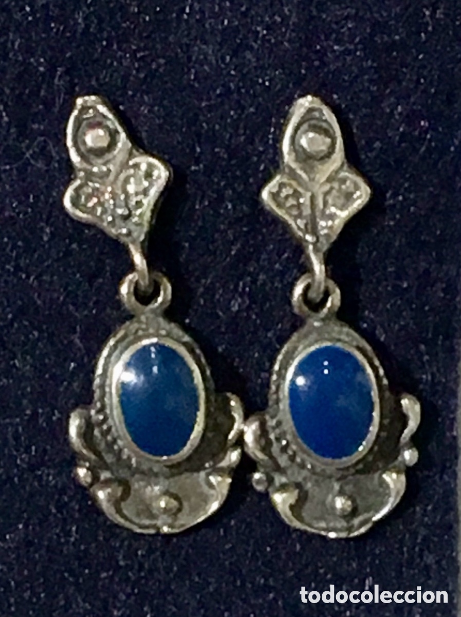 Joyeria: Pendientes. Plata y esmalte azul. A&ntilde;os 80.