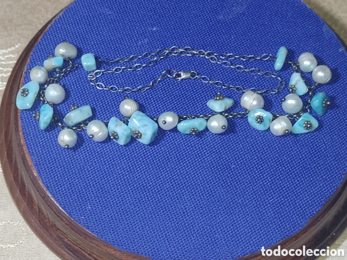 Joyeria: Collar de Larimar natural,perlas barrocas y plata 925.Vintage.