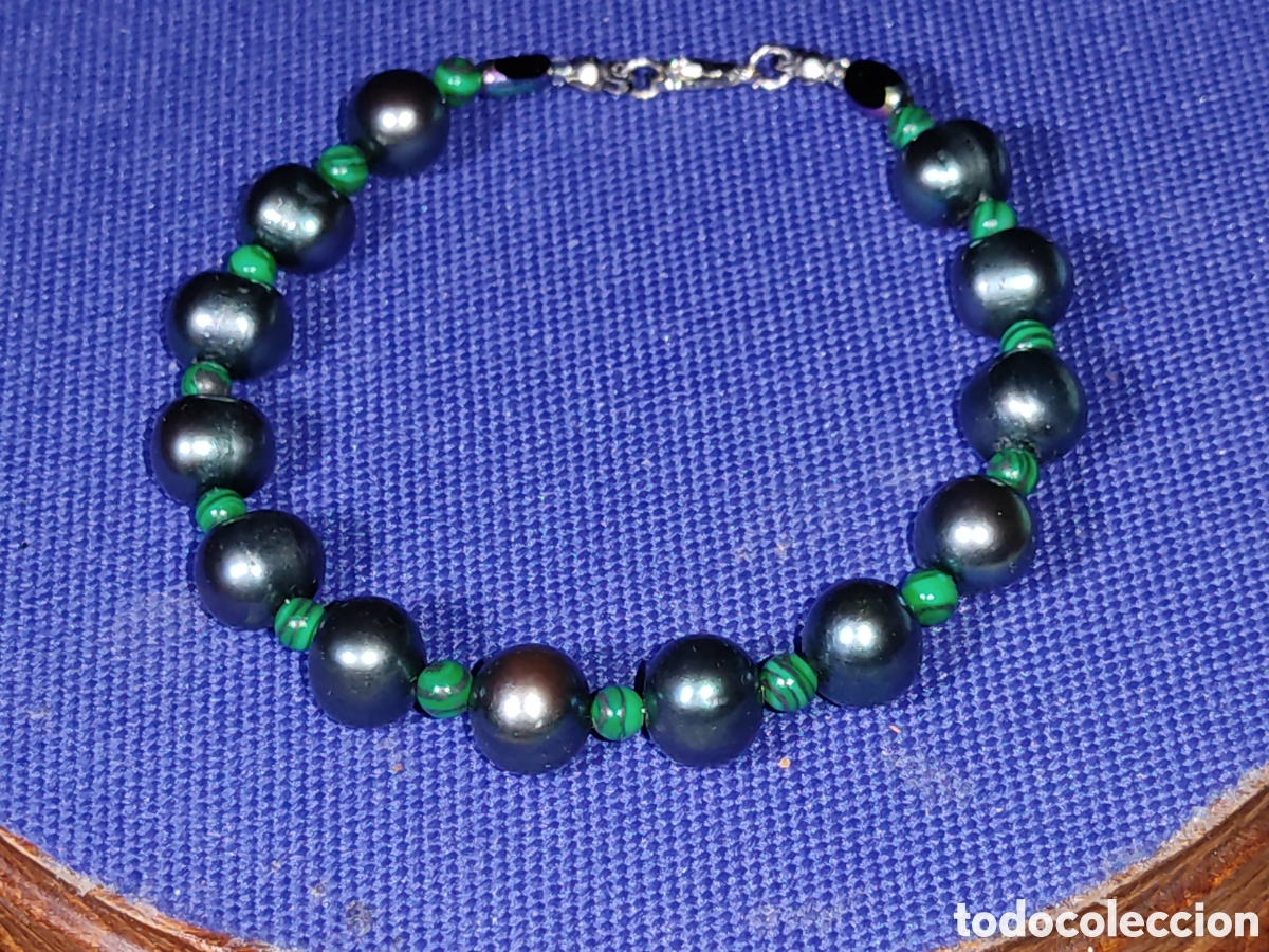 Joyeria: Pulsera de perlas Tahit&iacute; & Pavo real originales de agua dulce 8mm y bolitas de malaquita