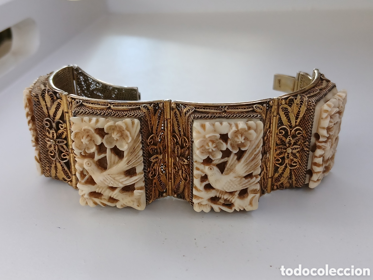 Joyeria: Antigua manilla china plata dorada filigrana y marfil