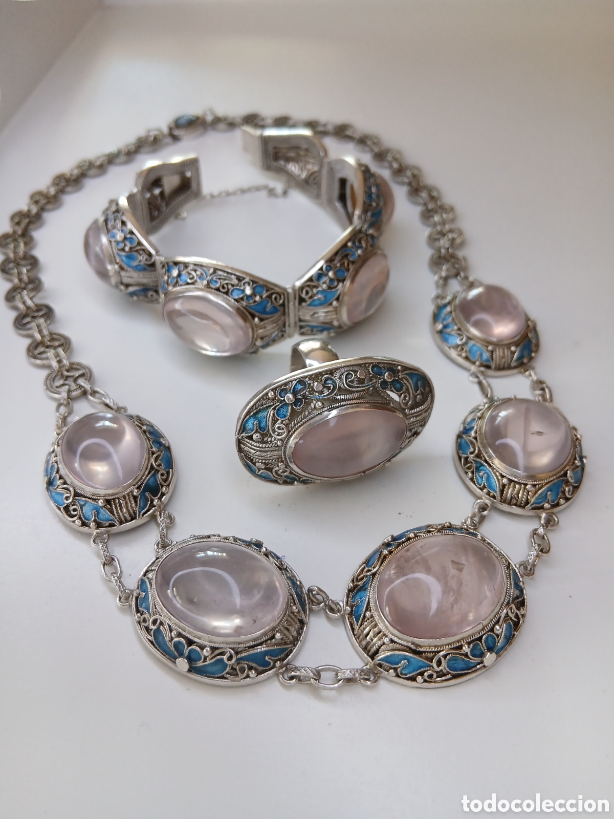 Joyeria: Espectacular conjunto Chino,plata,esmalte quarzo rosa