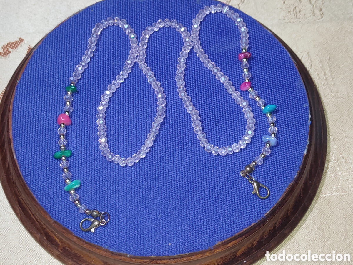 Joyeria: Collar & cadena para gafas de cristal rosa facetado y piedritas de nacar.Vintage.