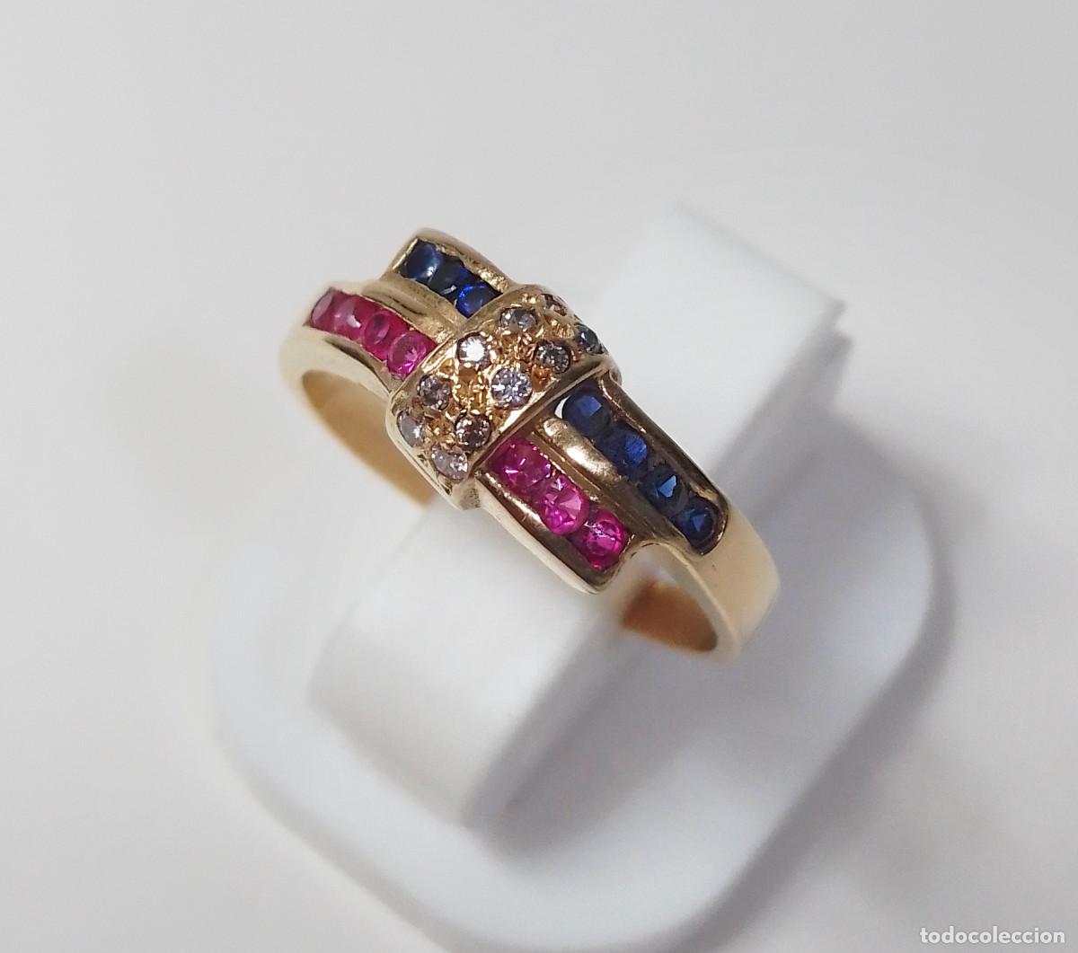 Joyeria: Magn&iacute;fico anillo de plata de ley con rub&iacute;s y zafiros sint&eacute;ticos - Talla 12