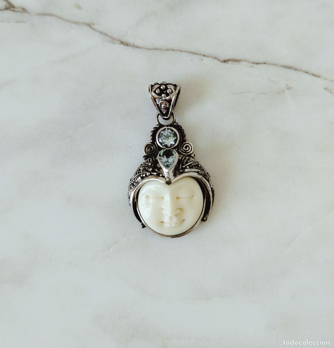 Joyeria: Colgante hueso, topacio azul en plata 925 de Bali / Colgante de diosa de filigrana vintage en plata