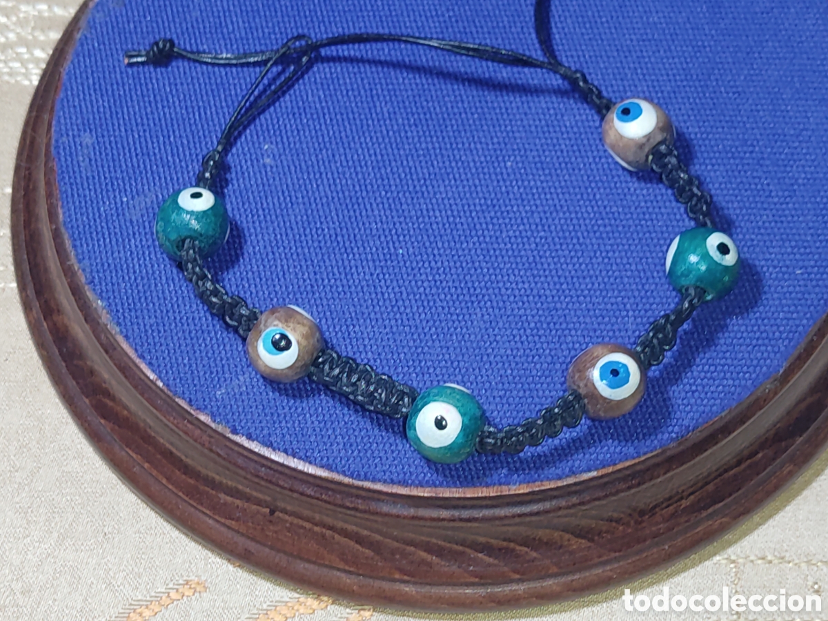 Joyeria: Antigua pulsera de ojos turcos pintados en cuentas de madera y cord&oacute;n de cuero.Vintage.Nueva,sin uso
