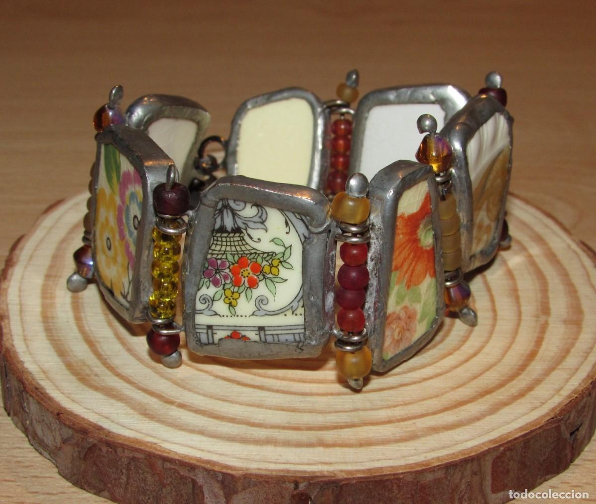 Joyeria: Pulsera brazalete vintage oriental artesanal metal placas porcelana cer&aacute;mica china rota circa 1970