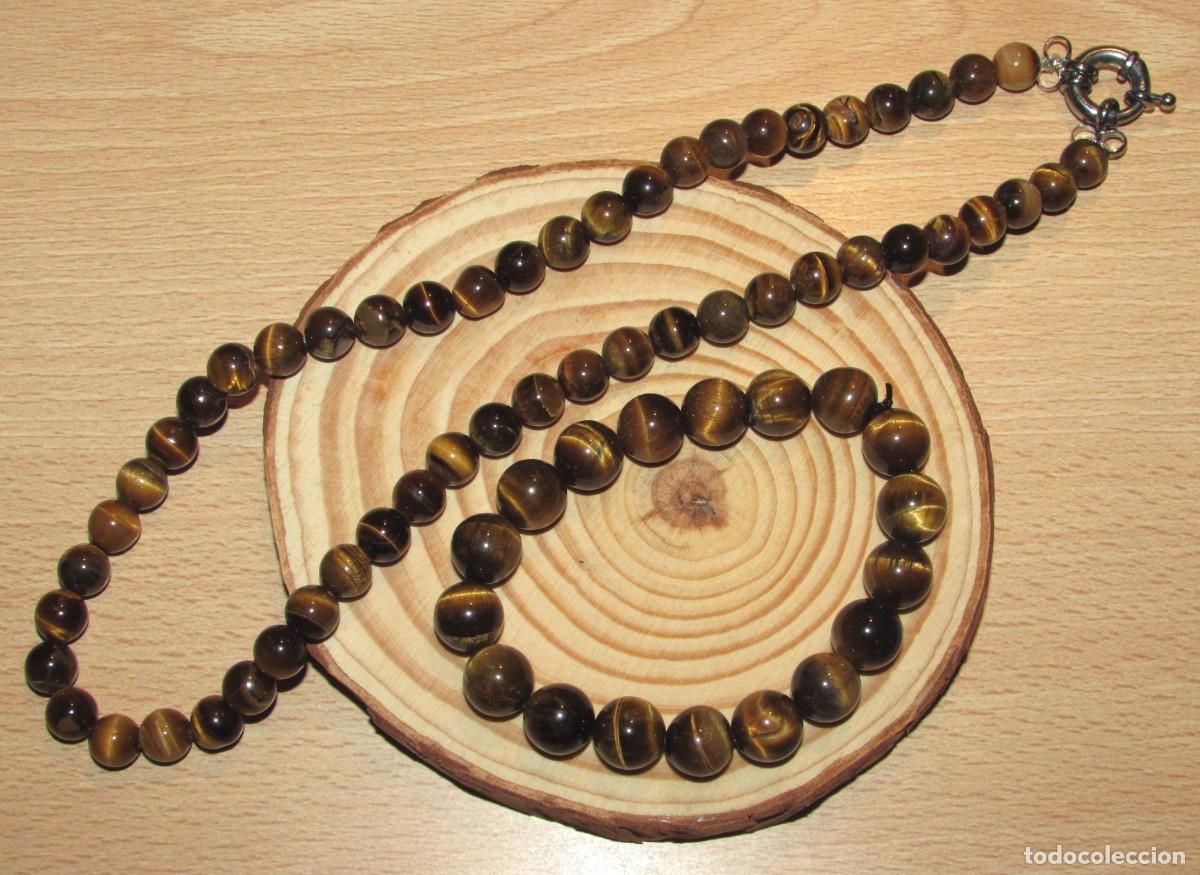 Joyeria: Conjunto collar gargantilla choker y pulsera brazalete piedra mineral natural ojo de tigre bolas esf