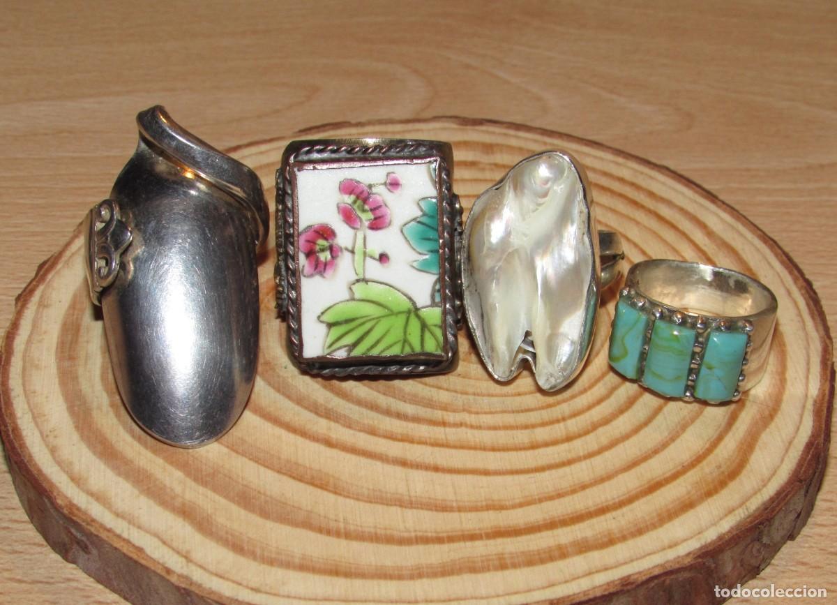 Joyeria: Lote 4 anillos sortijas porcelana cer&aacute;mica china chino oriental perla n&aacute;car turquesa cuchara sellos