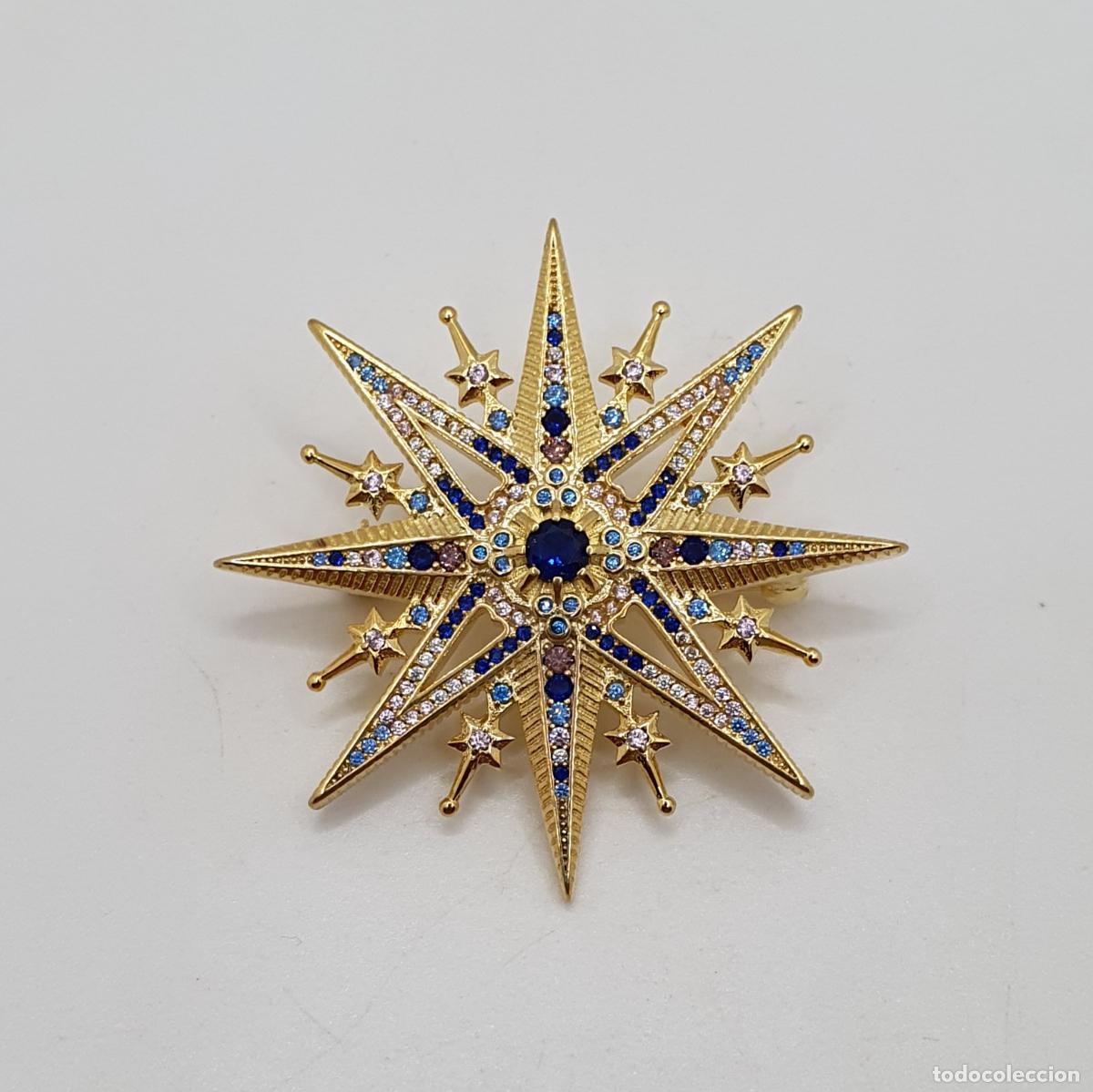 Joyeria: Precioso broche de estrella m&aacute;gica chapada en oro de 18k y bella pedrer&iacute;a semipreciosa creada.
