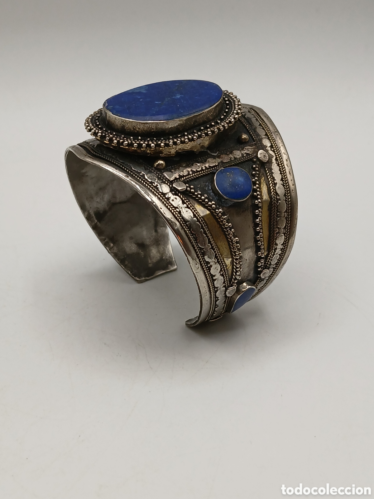 Joyeria: Pulsera brazalete metal aleaci&oacute;n plata y l&aacute;piz lazuli