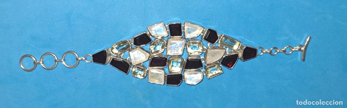 Joyeria: PULSERA VINTAGE EN PLATA DE LEY 925 - CON PIEDRA LUNA - GRANATES Y CUARZO BLANCO - EN MOSAICO ref.DA