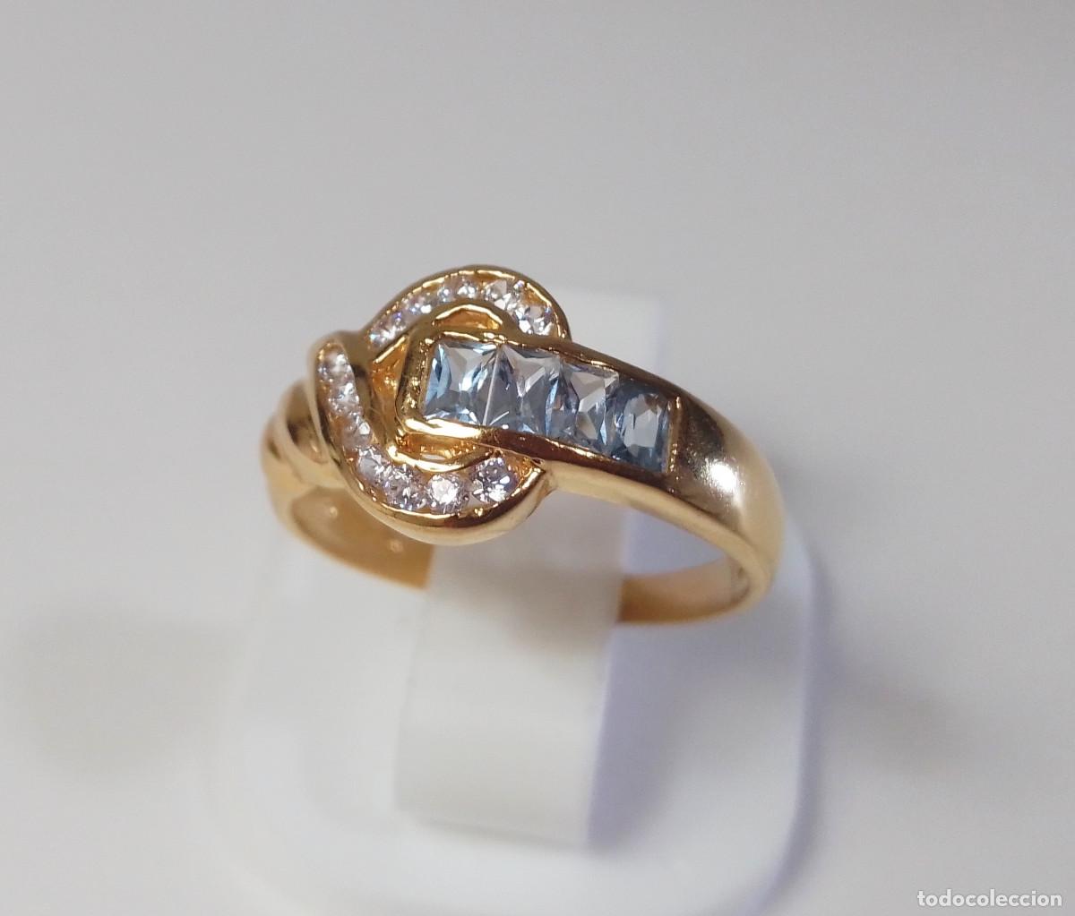 Joyeria: Magn&iacute;fico anillo cl&aacute;sico de plata de ley ba&ntilde;ado en oro con circonitas, estilo vintage - Talla 14