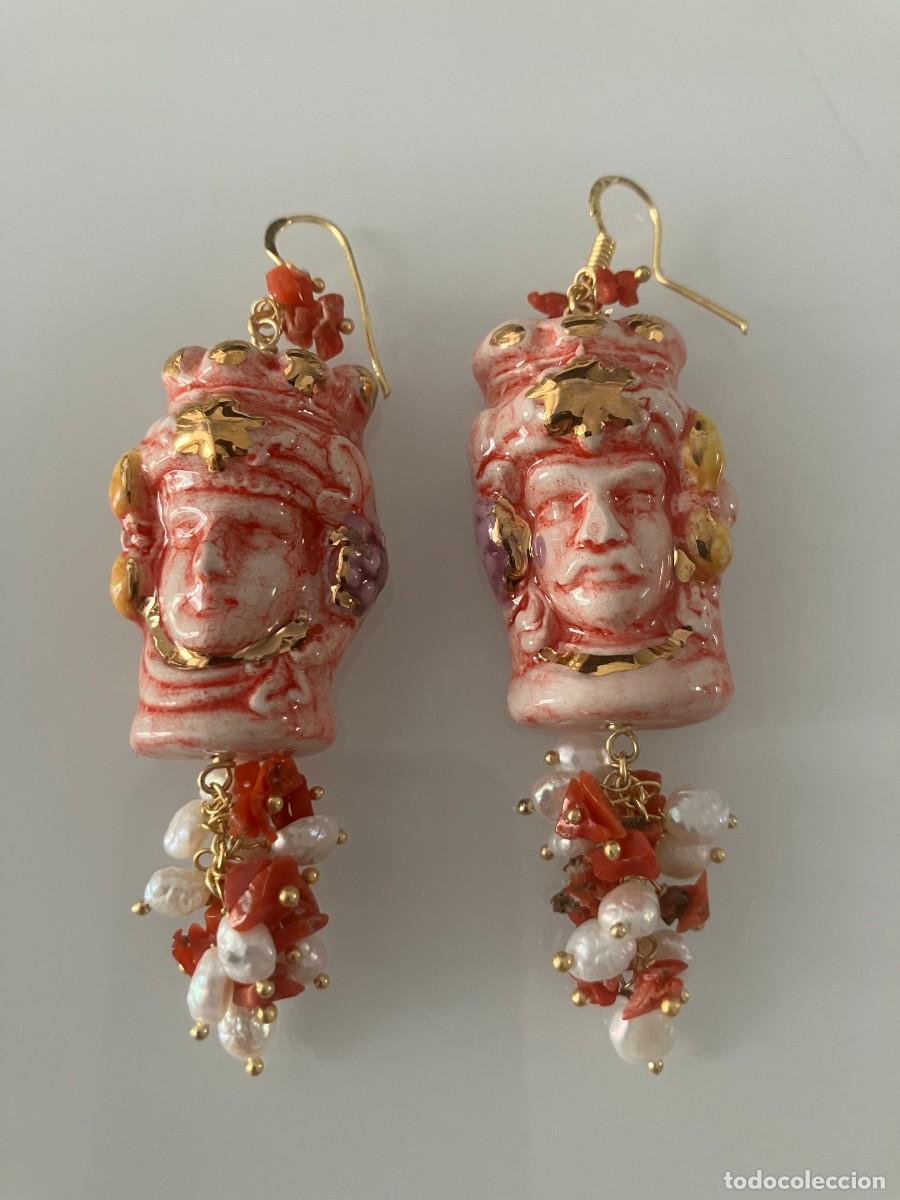 Joyeria: Pendientes Estilo Antiguos Moros Pintados A Mano Coral Y Perlas