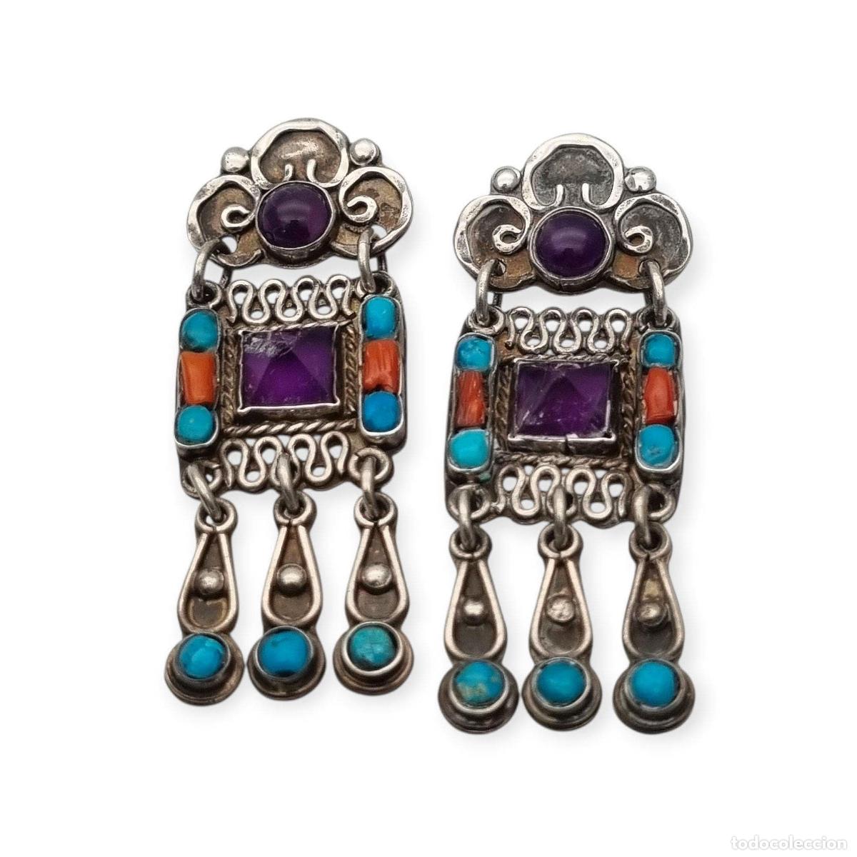 Joyeria: Pendientes plata 925 Morales M&eacute;xico, escuela Matilde Poulat con amatista, turquesa y coral