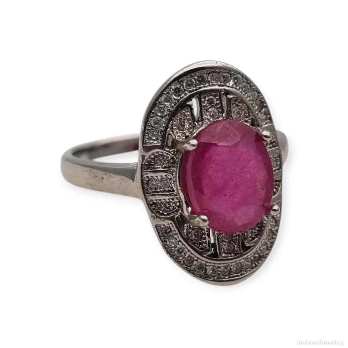 Joyeria: Anillo de plata 925 con rub&iacute; y circonitas estilo Art D&eacute;co circa 1980-90