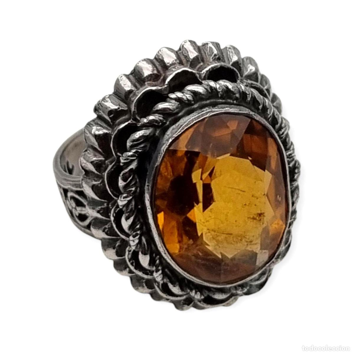 Joyeria: Anillo vintage de plata con cristal color co&ntilde;ac oval facetado estilo c&oacute;ctel circa 1950