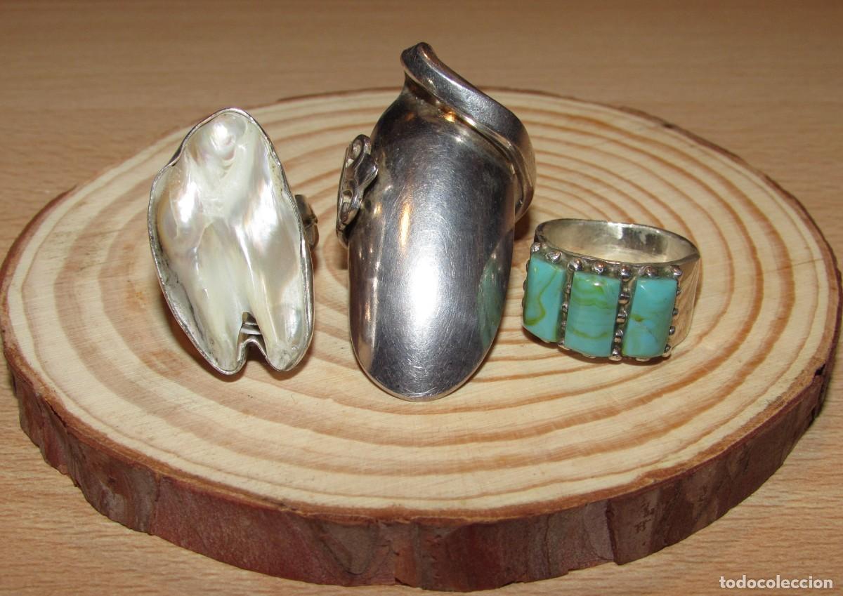 Joyeria: Lote 3 anillos sortijas perla n&aacute;car turquesa cuchara