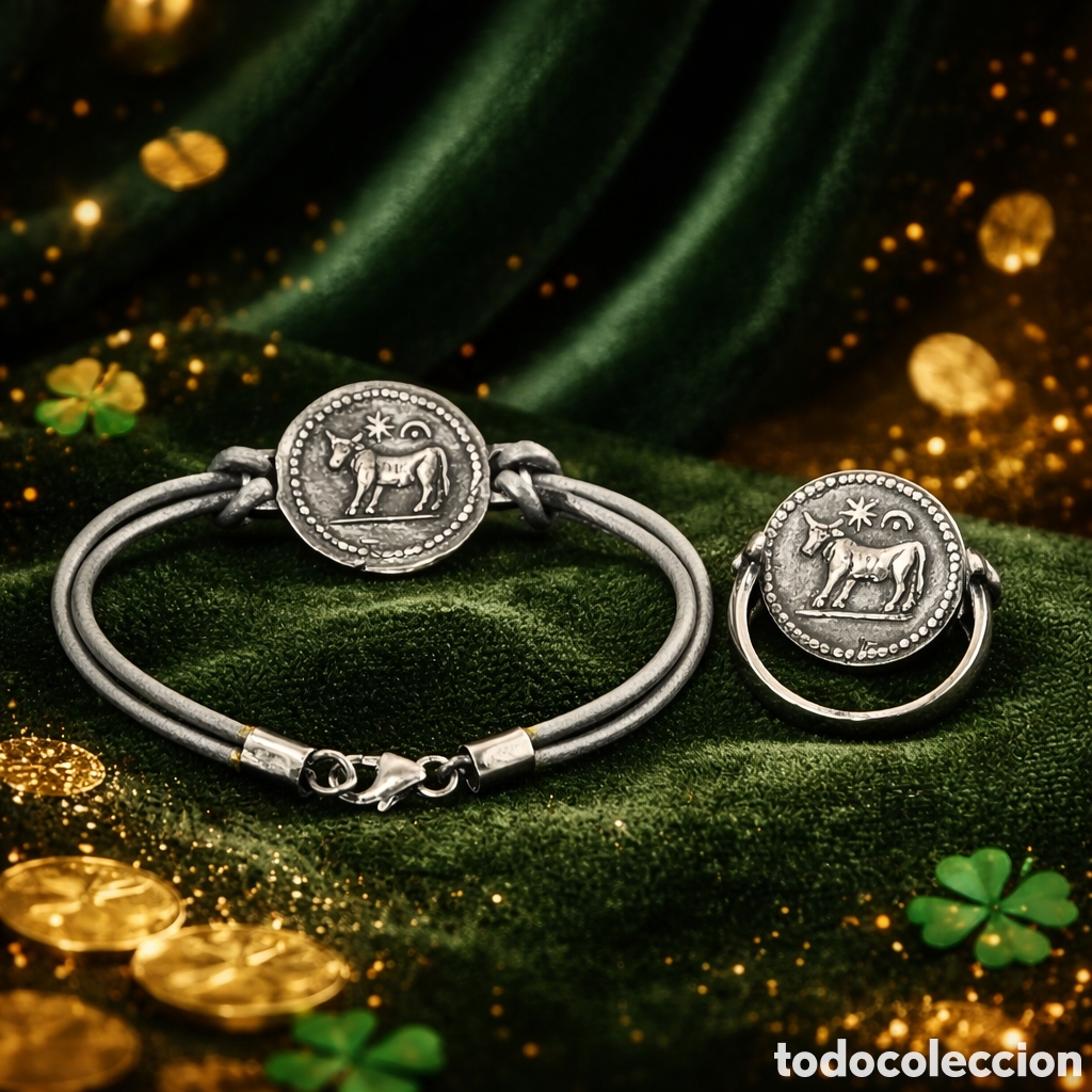 Joyeria: Curioso conjunto de pulsera y anillo replicas de la moneda de Bailo elaborados en plata.