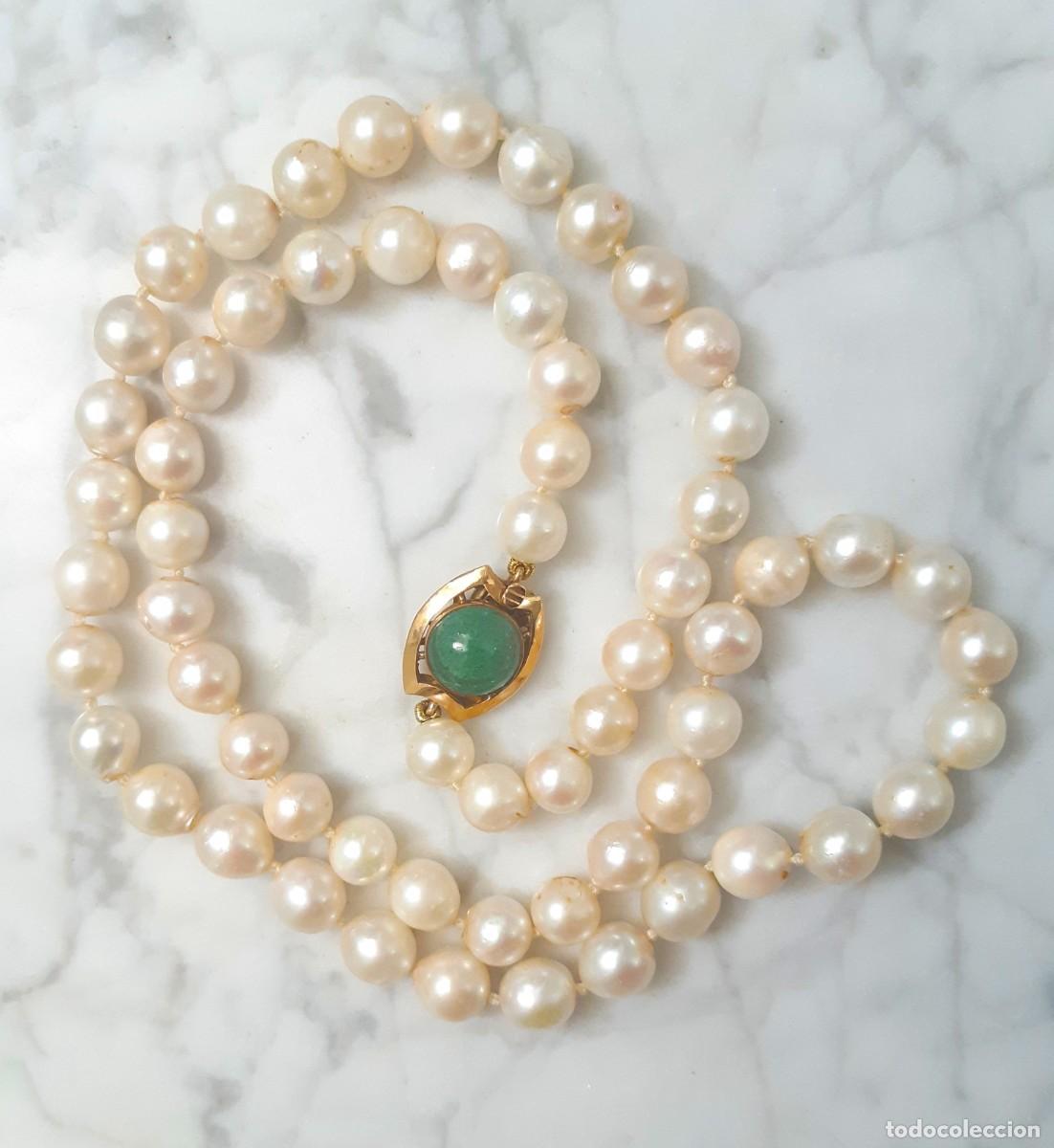 Joyeria: IMPRESIONANTE COLLAR DE PERLAS CON CIERRE DE CABUJ&Oacute;N DE JADE Y ORO 18 KT CON 2 CONTRASTES, IMPECABLE