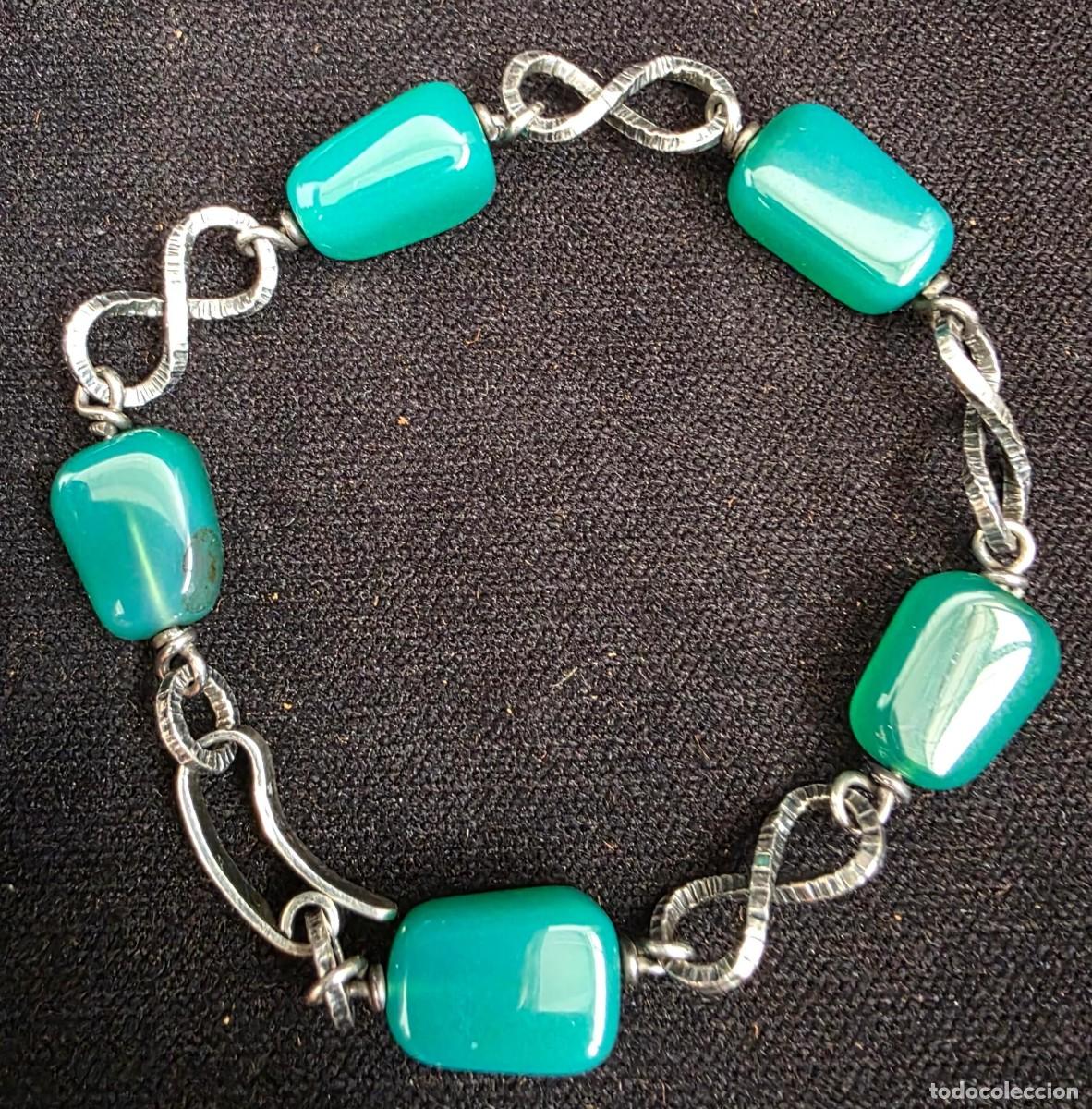 Joyeria: Pulsera de plata 925 con piedras verdes tipo &aacute;gata &ndash; dise&ntilde;o vintage elegante 7 cm