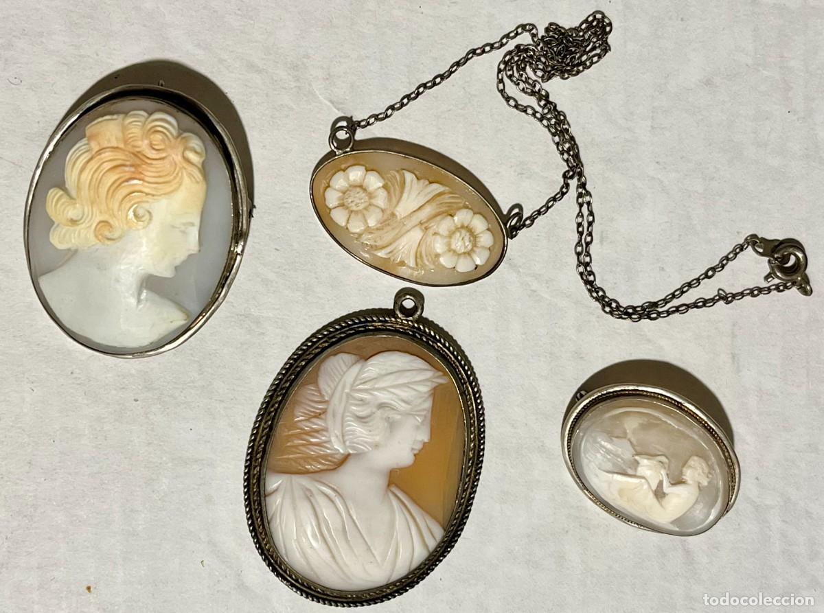 Joyeria: Lot of 4 Antique Hand Carved Shell Cameos and sterling silver Broochs necklace