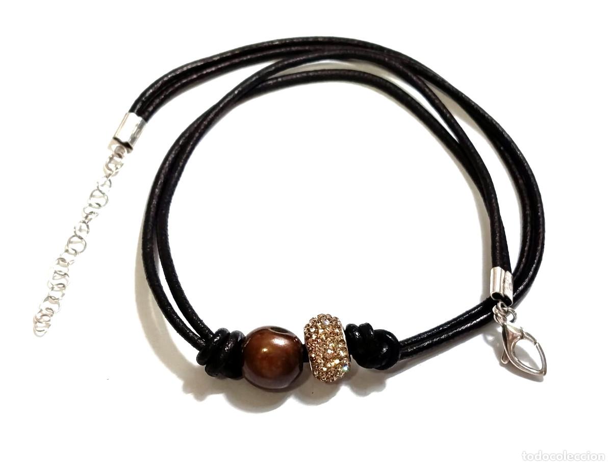 Joyeria: Gargnatilla Vintage de piel, perla natural chocolate y plata ley 925, A&ntilde;o 2000