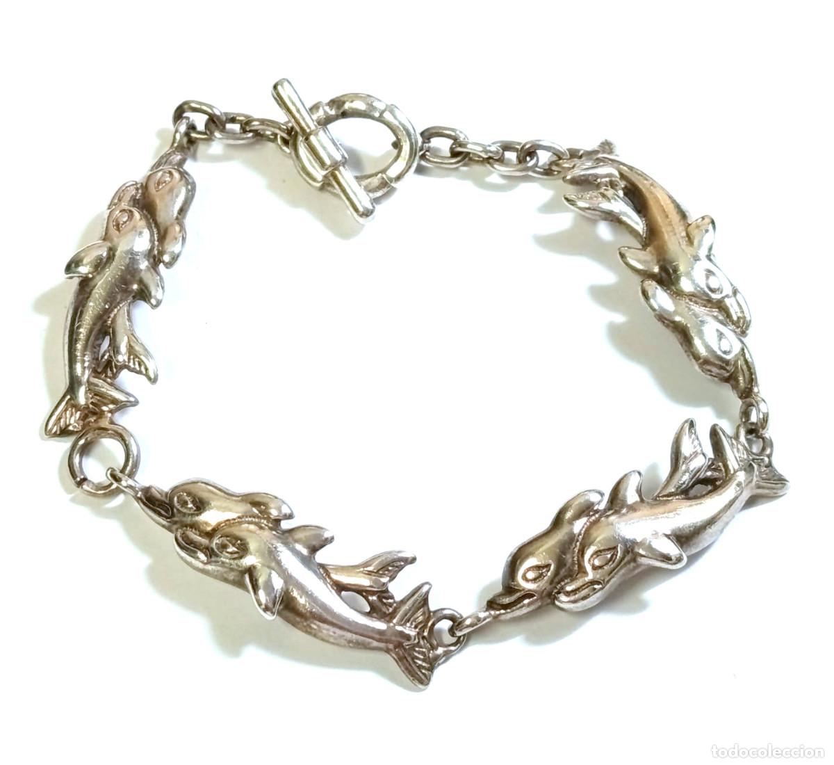 Joyeria: Pulsera Vintage de delfines de plata Mexicana ley 925, 22.4 gramos, 1990, Excelente calidad