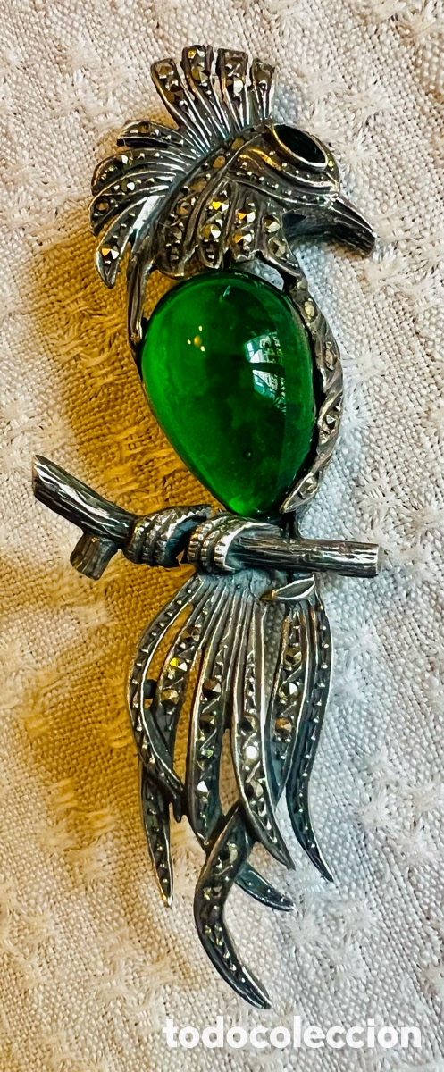 Joyeria: Broche Ave del Para&iacute;so Vintage - Plata de Ley 925, Marcasitas y Piedra Verde - Sello SAVECO A1