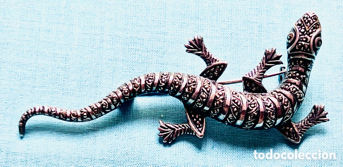 Joyeria: Espectacular Broche Lagarto XL en Plata de Ley 925 y Marcasitas - Punz&oacute;n Oficial A1 (8,5 cm)