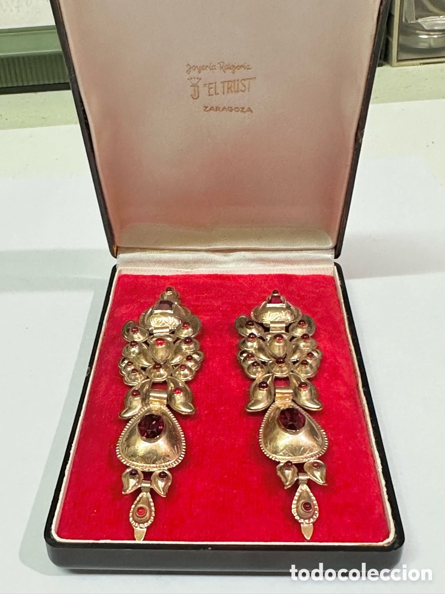 Joyeria: Antiguos Pendientes de cabuj&oacute;n Aragoneses Siglo XIX Con Su Estuche Original
