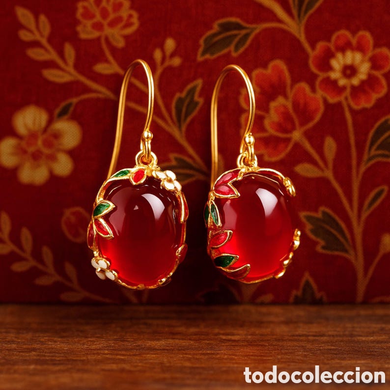 Joyeria: Pendientes rojos de cloisonn&eacute; esmalte | Joyer&iacute;a floral dorada estilo Art Nouveau