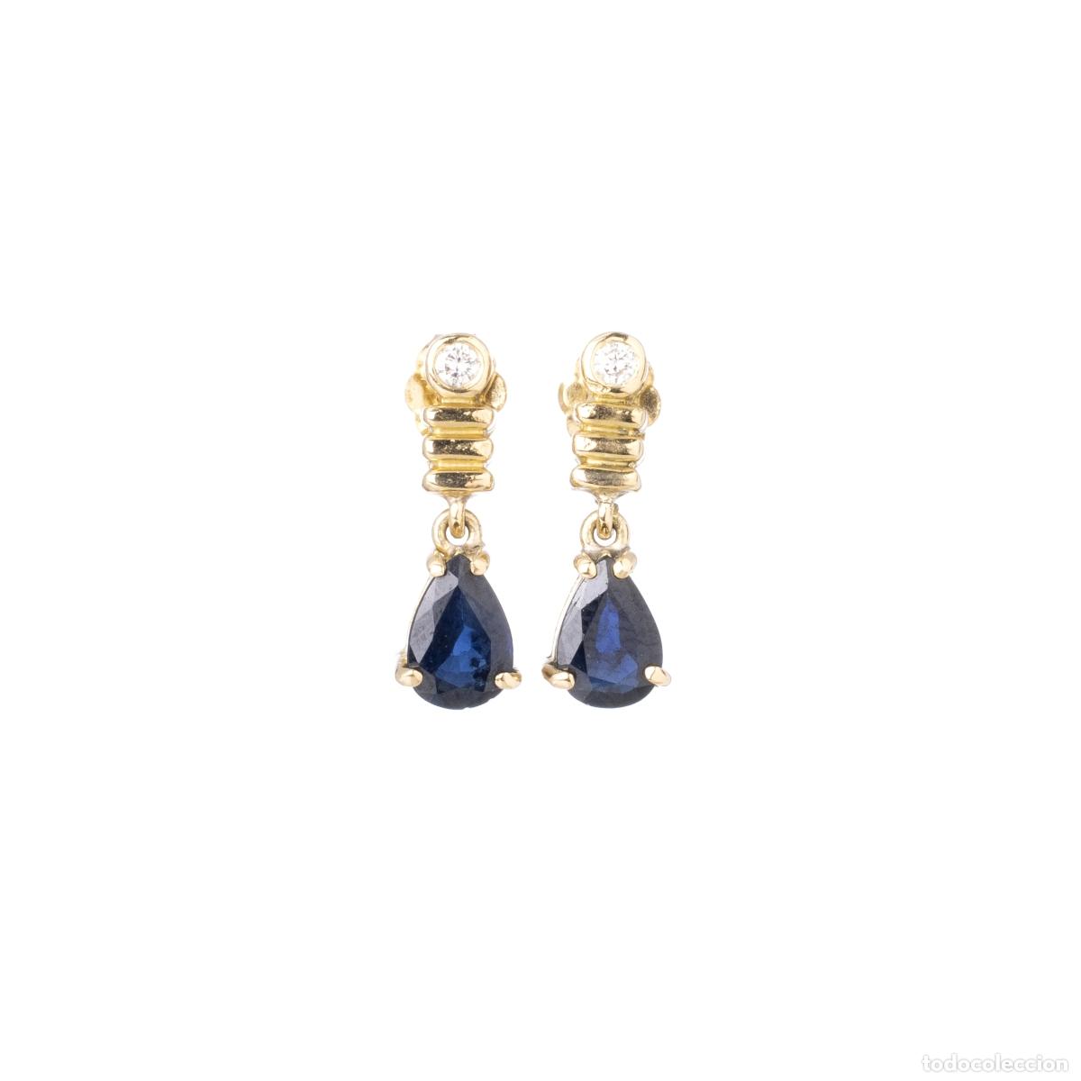 Joyeria: Par de pendientes de oro, zafiros y diamantes. - Foto 1