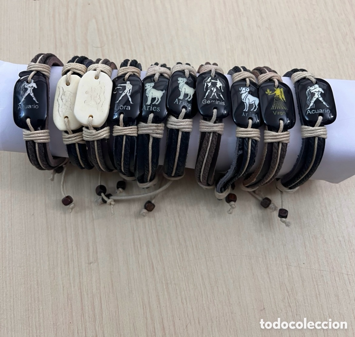 Joalharia: ✅ lote 10 pulseras Hor&oacute;scopos artesanales cuero y hueso a estrenar