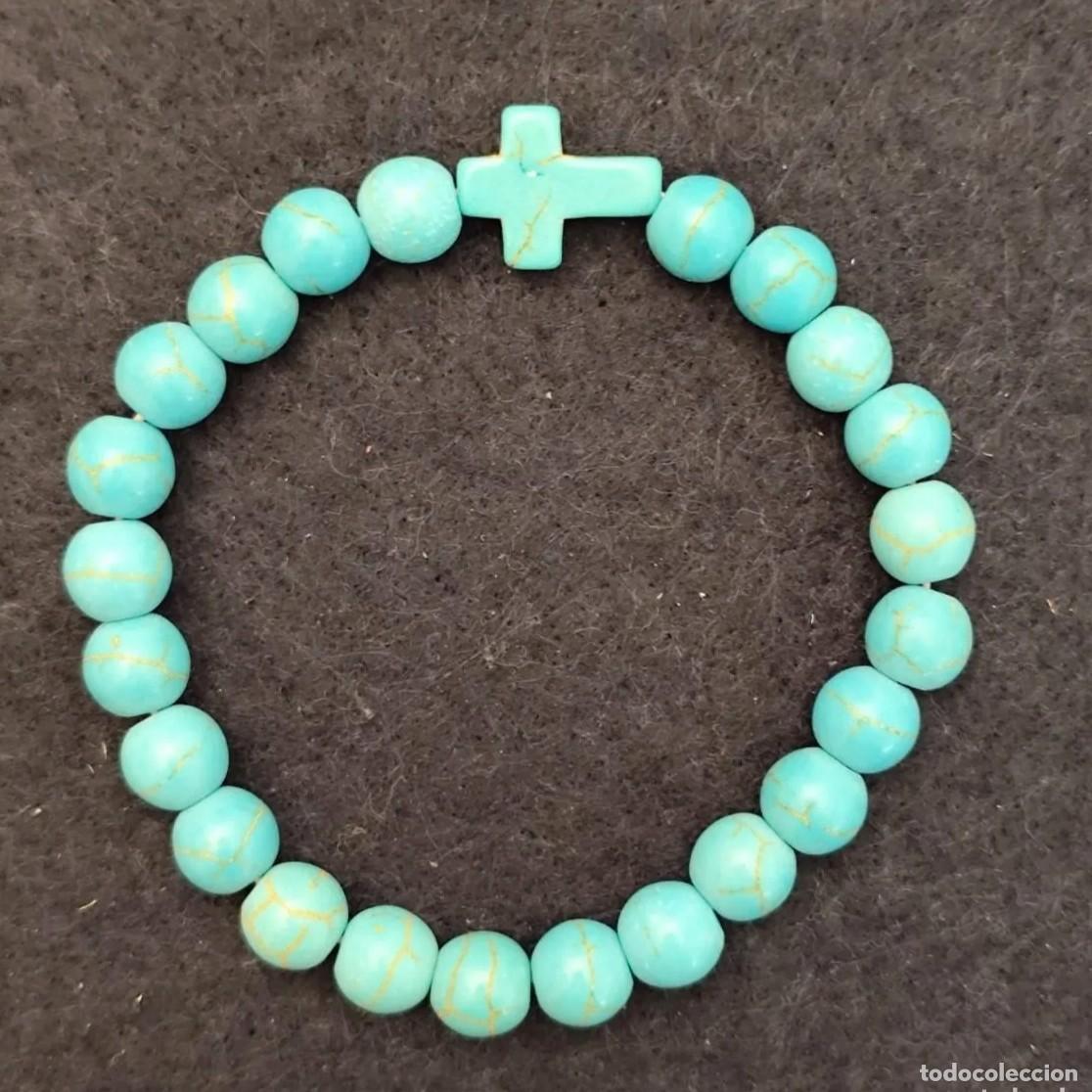 Joalharia: PULSERA ELASTICA DE BOLAS DE TURQUESA 6 MM CON DIGET CRUZ