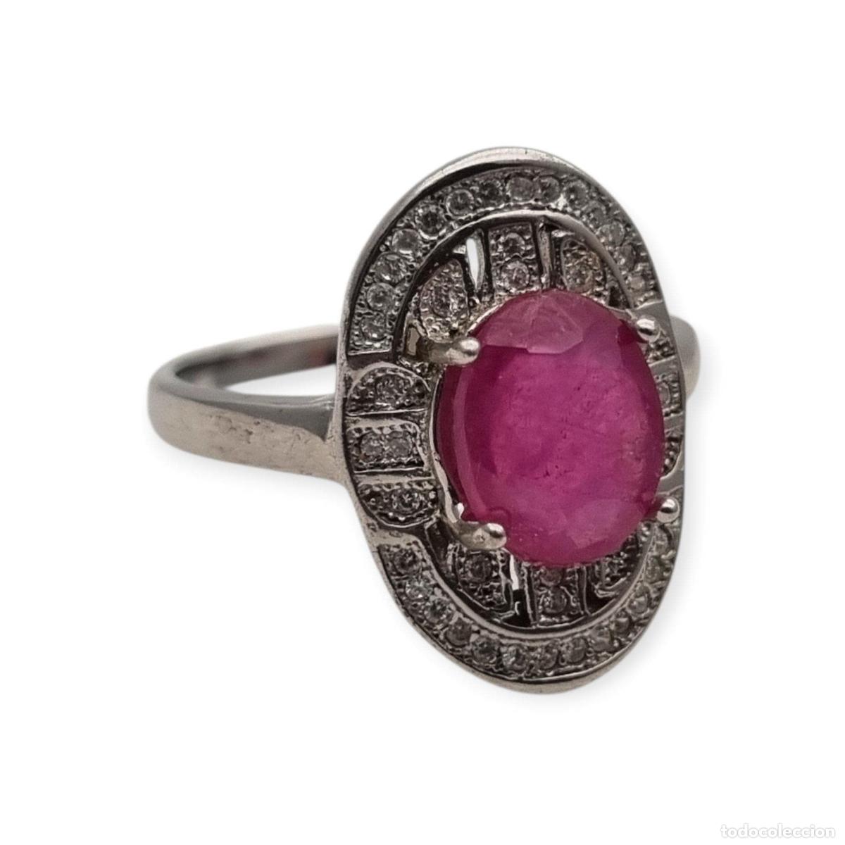 Joyeria: Anillo de plata 925 con rub&iacute; y circonitas estilo Art D&eacute;co circa 1980-90