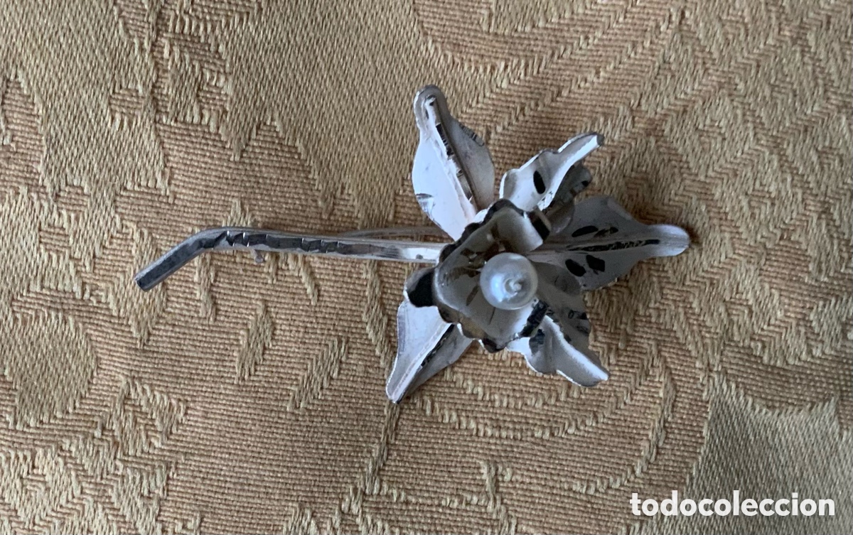 Joyeria: BROCHE ANTIGUA ORQUIDEA DE PLATA CON PERLA - Foto 7