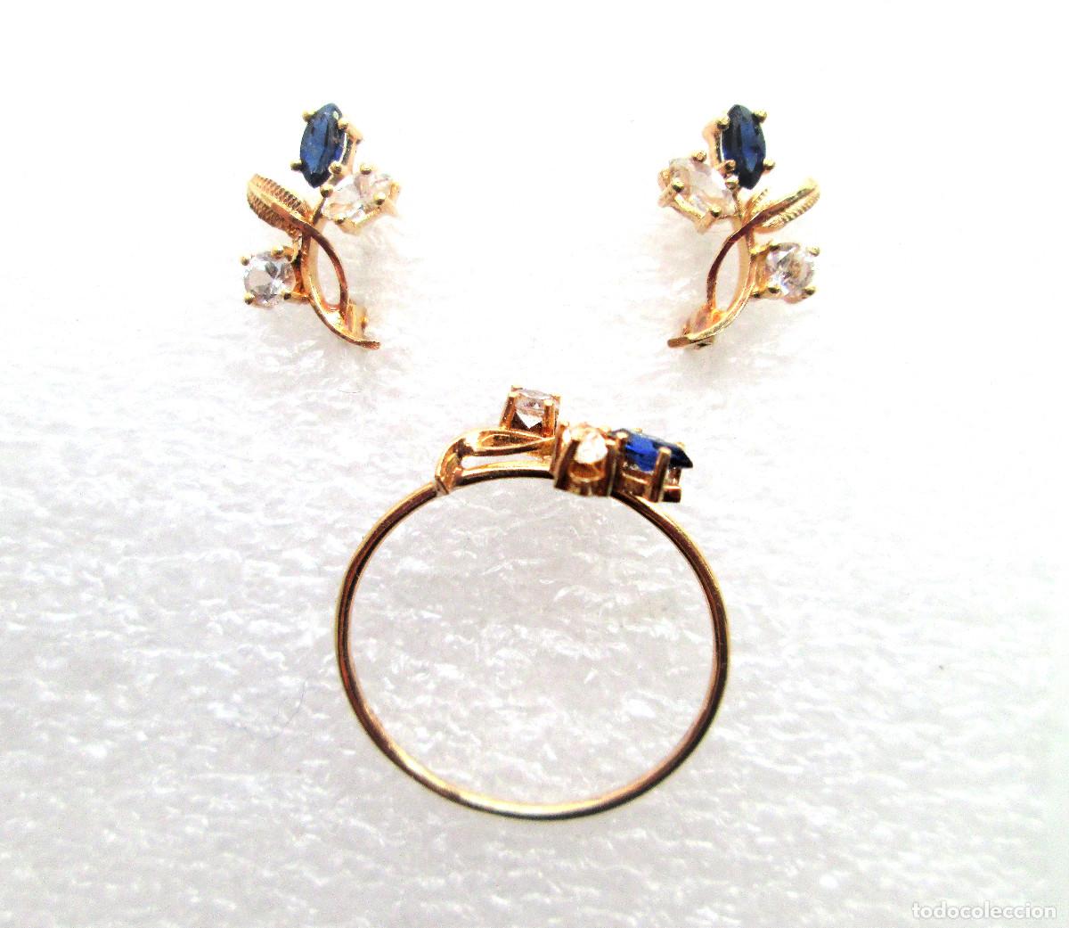 Joyeria: CONJUNTO PENDIENTES Y ANILLO ORO 18 KLTS. CON CIRCONITAS Y ZAFIROS - SIN ESTRENAR -